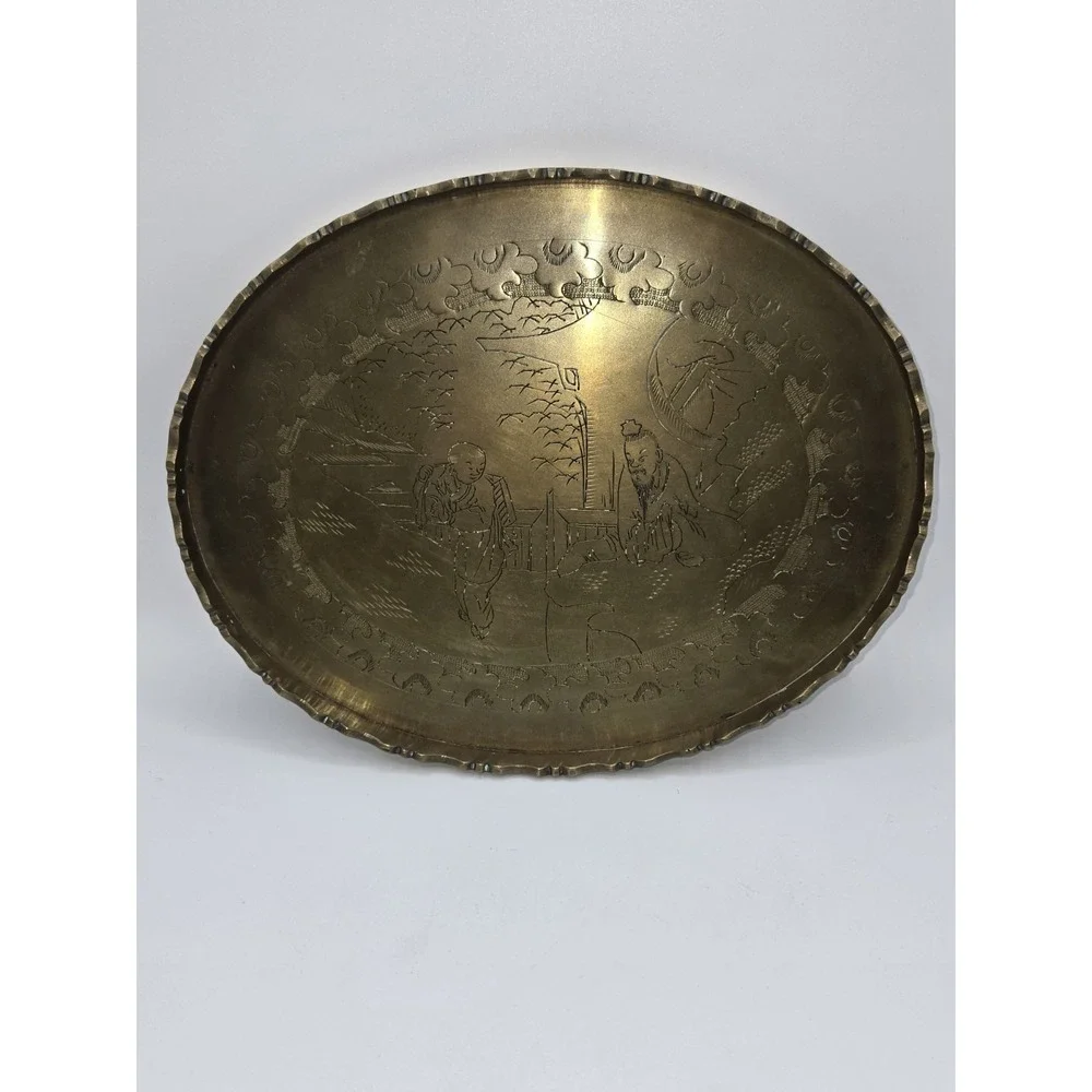 Antique Chinese Etched Brass Tea Tray with Scalloped Edge‎